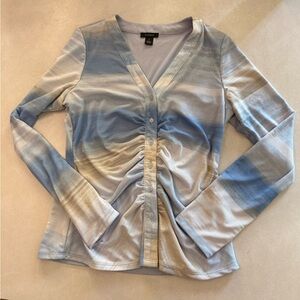 Halogen Blue and Cream Button Down Ruched Shirt